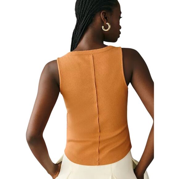 PILCRO Anthropologie Ribbed Henley Tee Tank Top Tan Brown Size Medium Preppy - Picture 7 of 10